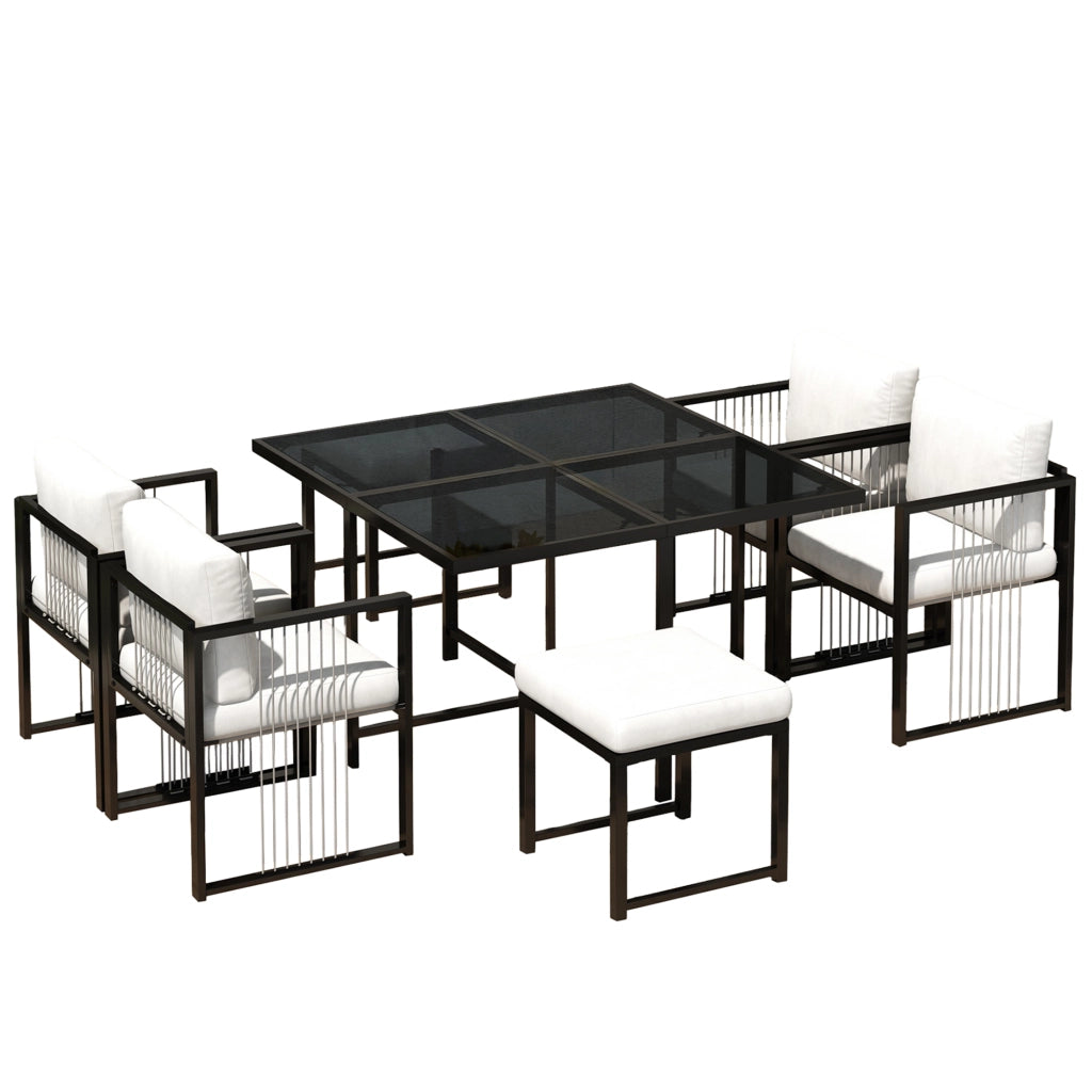Set da pranzo per esterni da 7 pezzi per 6 persone in metallo e vetro temperato nero e bianco per giardino