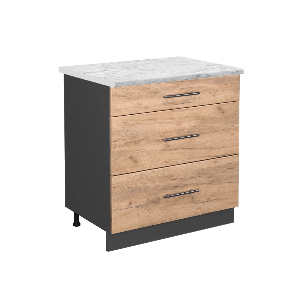Mobiletto base per cucina Fame-Line Rovere dorato/Antracite 80 cm con 3 cassetti, PL Marmo Vicco