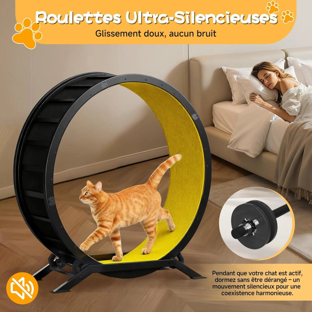 Ruota per gatti, ruota per esercizi per gatti, XL- 100 cm, ultra silenziosa con tappetino rimovibile, adesivi, sistema di bloccaggio, metallo, giallo, regali per il vostro gatto