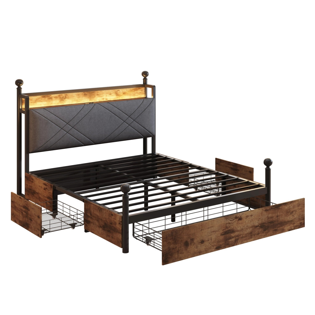 Letto a baldacchino 140x190 cm con LED; prese USB/Type-C e contenitore in metallo e legno nero
