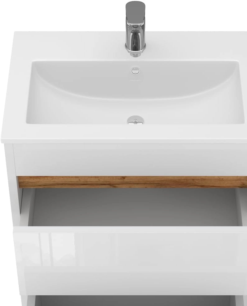 Set di mobili da bagno Detmold, Bianco lucido/oro power oak, 59.6 cm, composto da mobile sottolavabo e lavabo