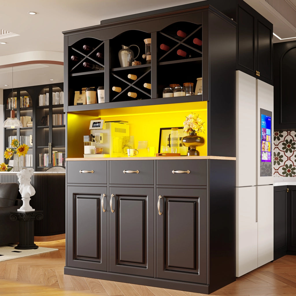Credenza alta da cucina ULEVR 120x40x180 cm con 3 cassetti, ripiani regolabili e LED multicolore, nera