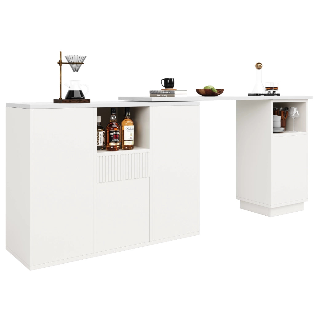 Mobile Bar Girevole a 360° con Vani Aperti e Chiusi; Piano Effetto Marmo; in MDF; 210x30x100;9 cm; Bianco