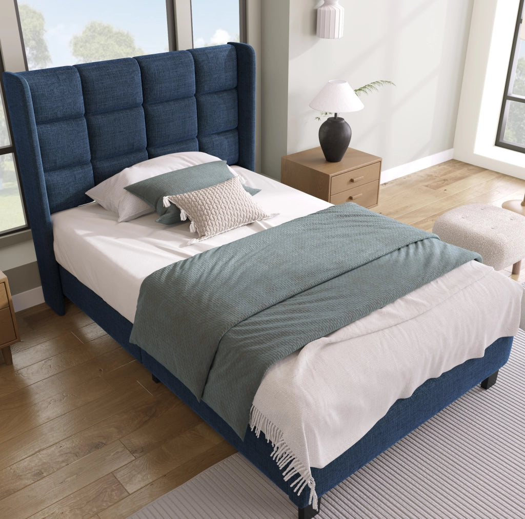 Letto singolo imbottito con testiera e rete a doghe 90x200 cm in lino blu