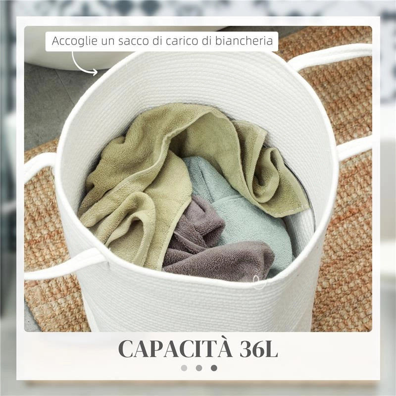 CESTO PORTABIANCHERIA DA 36L PORTATILE E PIEGHEVOLE CON MANICI IN COTONE NATURALE 38X45 CM CREMA