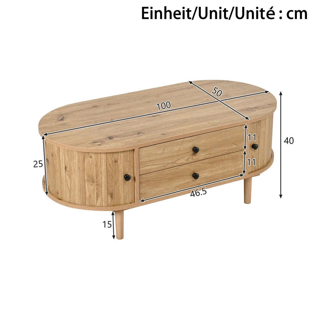 Tavolino da Salotto Ovale con 2 Cassetti e Ante Scorrevoli in MDF ¨C MINIMAL