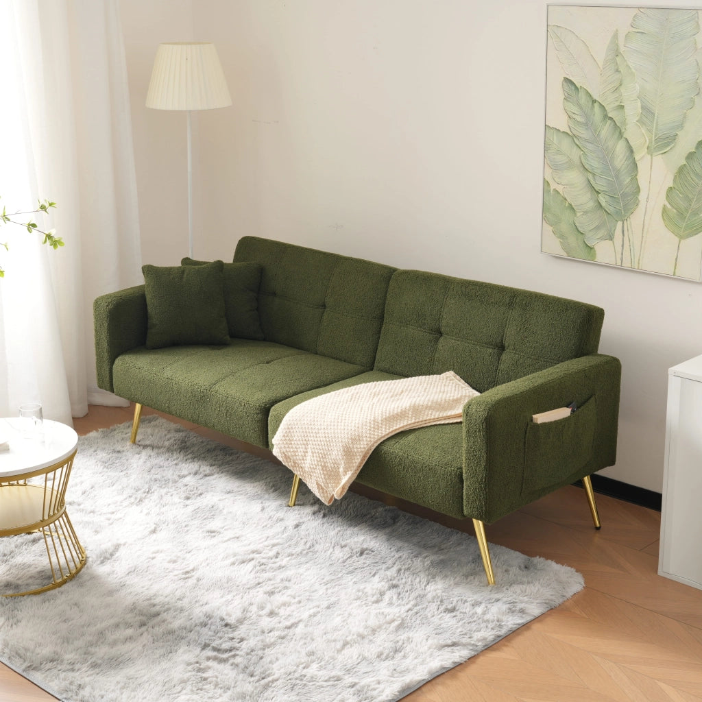 Divano Letto 2 Posti con Schienale Regolabile 105-180° e Tasche Laterali; Piedini Dorati in Tessuto Sherpa Verde Antico