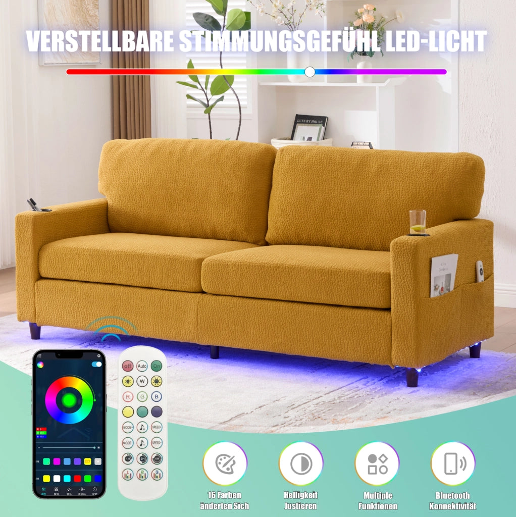 Divano 2 posti in ciniglia giallo senape con LED e USB-C