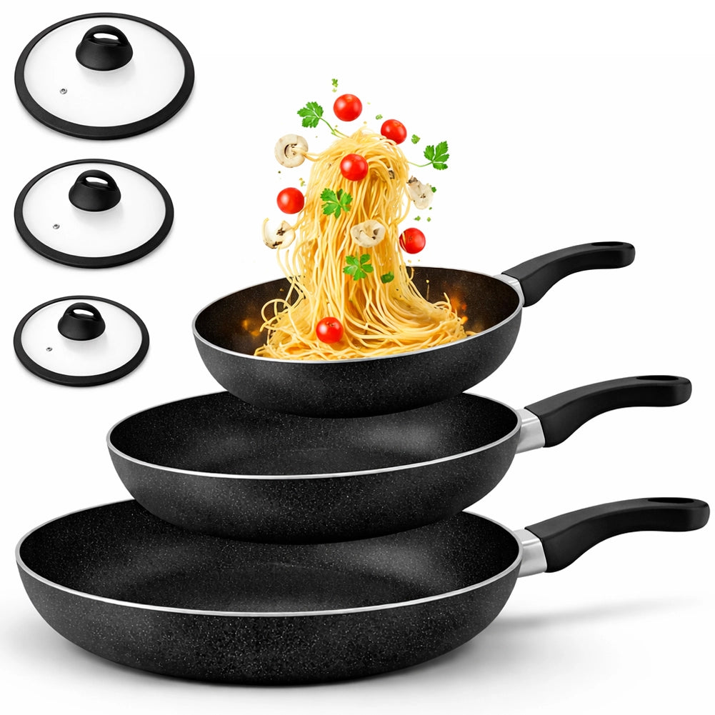 Set 6 Pezzi Padelle in Alluminio Nero con Coperchio per Tutti i Piani Cottura