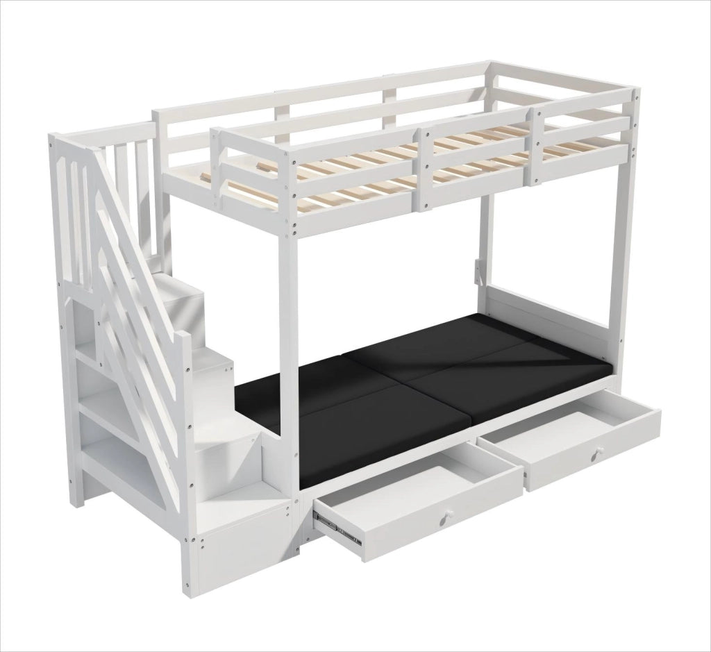 Letto a soppalco multifunzionale per bambini 90x200 cm con scala contenitore, divano e 2 cassetti, bianco, senza materasso
