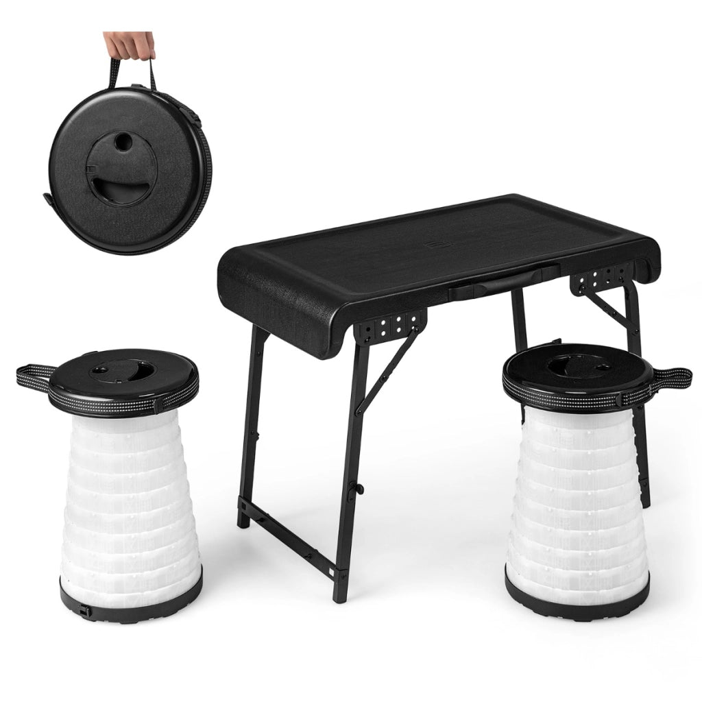 Set campeggio pieghevole da 3 pezzi con tavolo e sgabelli LED, Tavolino e sedie portatili e leggeri Nero-Tavoli e sedie da campeggio