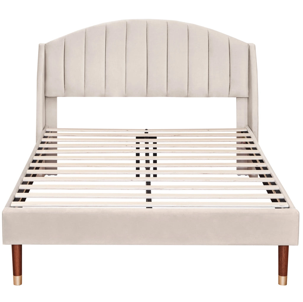 Letto imbottito matrimoniale 140x200 cm con rete a doghe; testiera in velluto beige