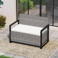 Panchina da Esterno in Rattan PE 117 x 62 x 85 cm, Cassapanca Contenitore da Esterno con Cuscino, Telaio in Metallo, Spazio di Stoccaggio e Fodera Protettiva per Patio, Bordo Piscina e Balcone
