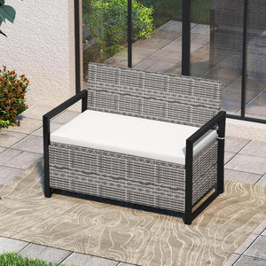 Panchina da Esterno in Rattan PE 117 x 62 x 85 cm, Cassapanca Contenitore da Esterno con Cuscino, Telaio in Metallo, Spazio di Stoccaggio e Fodera Protettiva per Patio, Bordo Piscina e Balcone