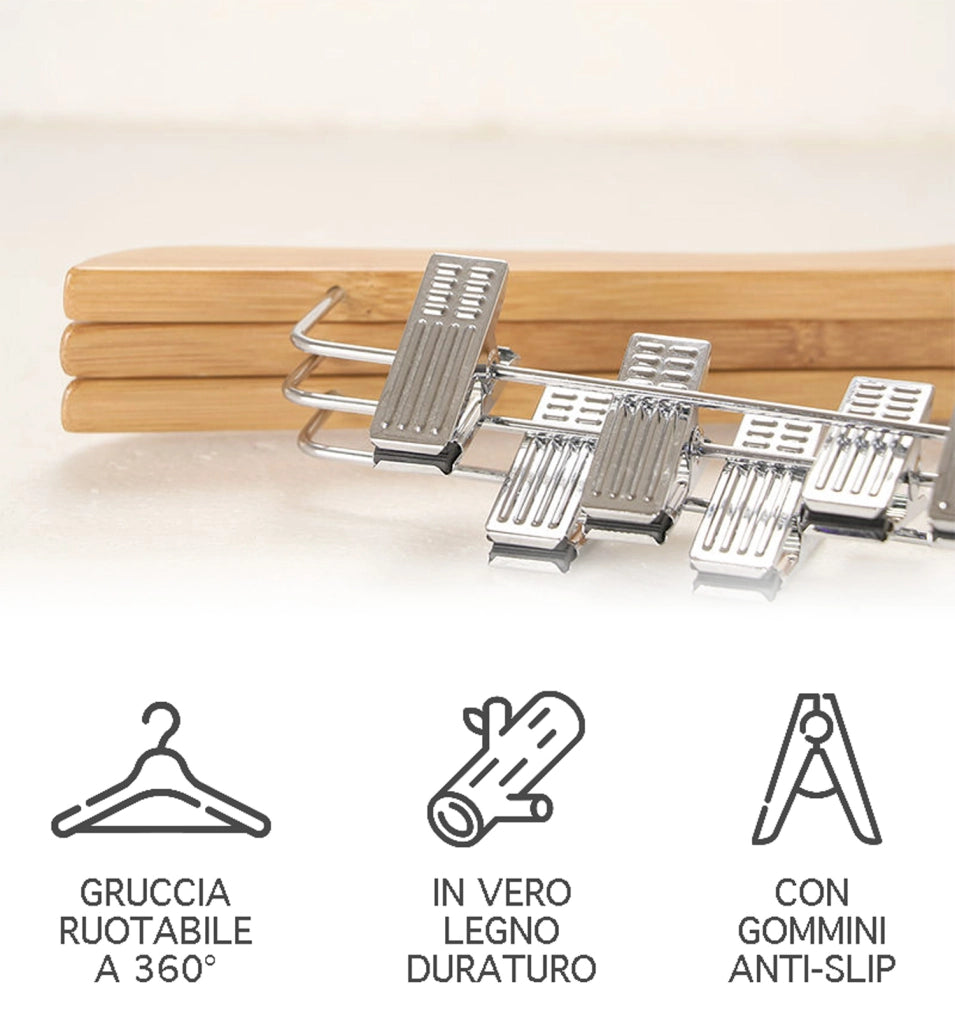 Grucce In Legno Naturale Con Clip Regolabili 10 Pezzi Appendino Armadio Appendiabiti Pantaloni Gonne Giacche Gancio Girevole 360°