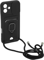 Custodia per iPhone 16 con cordoncino - collare regolabile - supporto per anello - protezione per la camera a scatto - slot per carte - protezione contro polvere e graffi - Telefono custodia