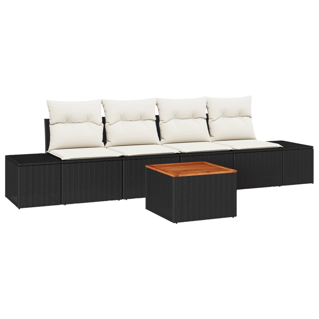 Set di Divani da Giardino a 5 Pezzi con Cuscini Nero Polyrattan Acacia