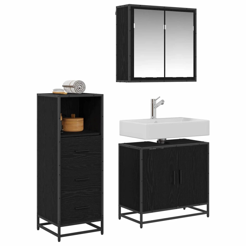 Set di mobili per il bagno 3 pcs Rovere Nero Legno multistrato
