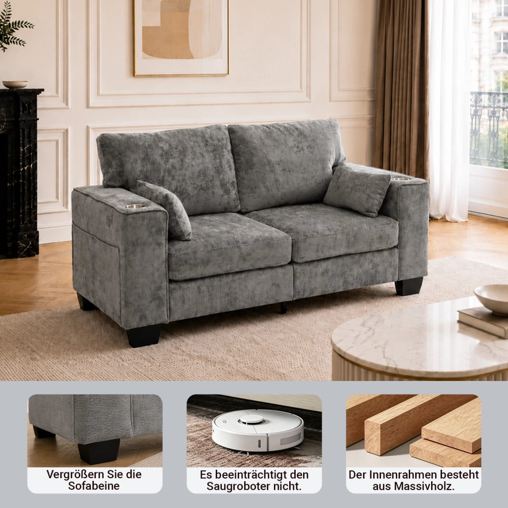 Divano a 2 posti con portabicchieri e tasche laterali in tessuto chenille grigio scuro per soggiorno 182 cm