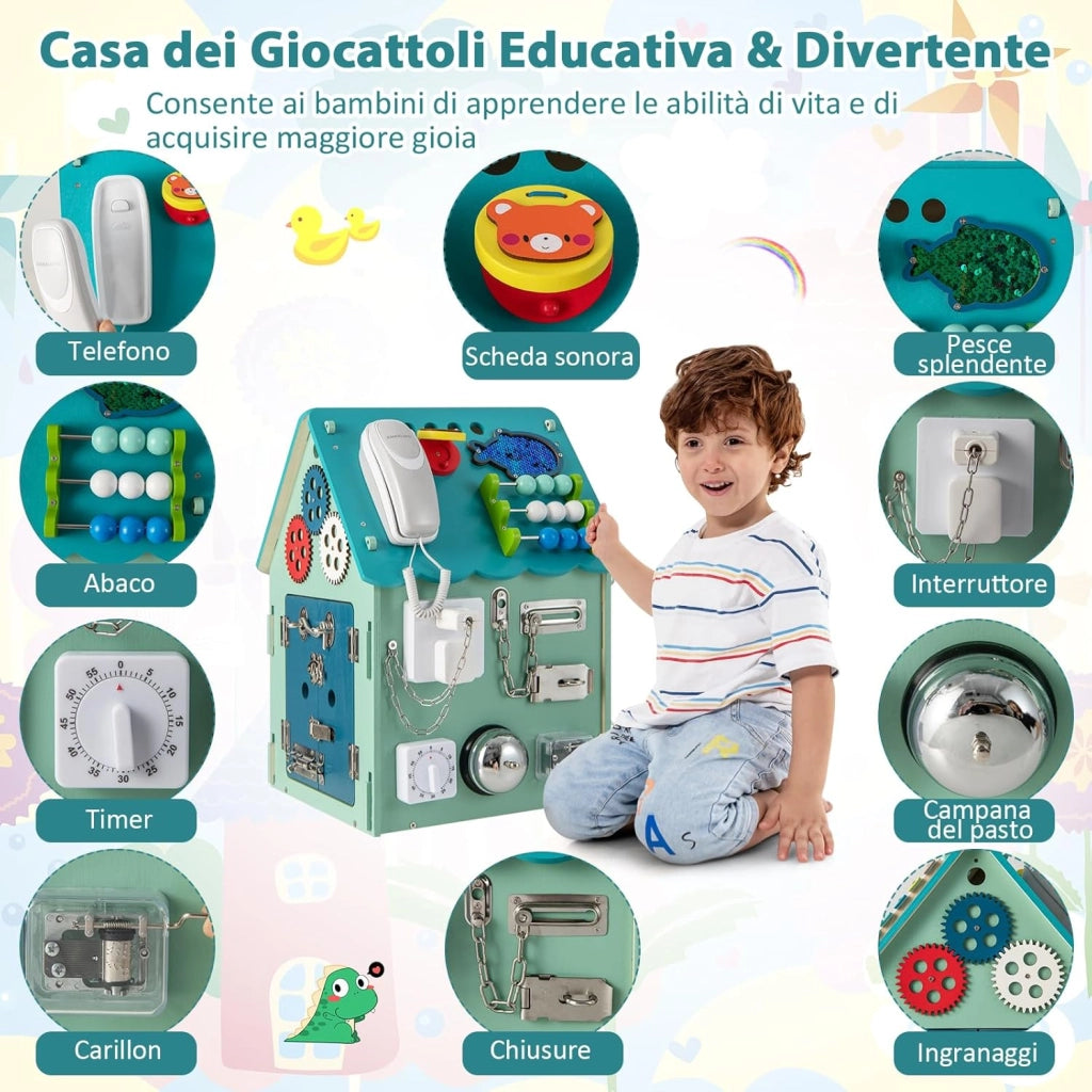 Occupato Montessori per Bambini, Casa da Gioco Montessori con Giochi Sensoriali e Spazio Interno, Giocattolo Educativo e Regalo per Bambini 3 Anni+ (Blu)