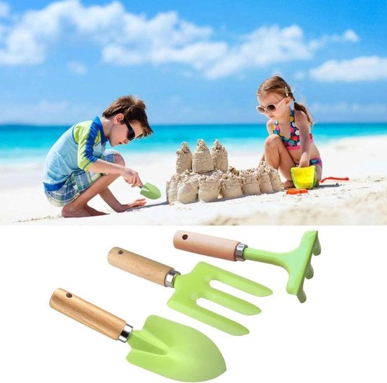 Set di attrezzi da giardino in acciaio inossidabile con maniglie in legno, vanga, rastrello e forca a tre punte