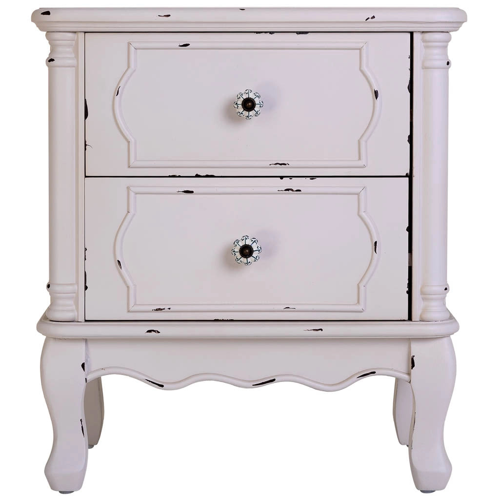 Tavolino in legno bianco invecchiato con 2 cassetti 50x36x55h cm