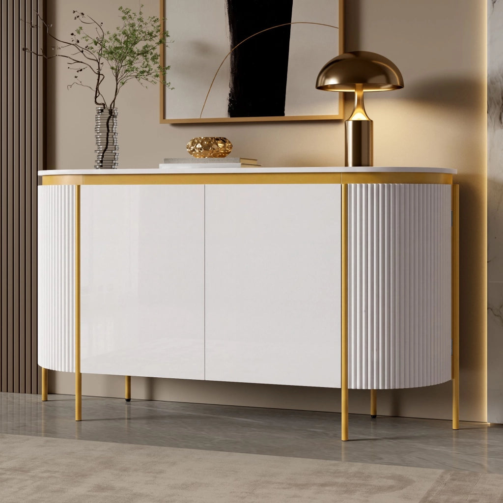 Credenza da 4 ante, mobile da ingresso, in MDF, con gambe in metallo, angoli arrotondati, colore bianco
