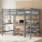 Letto a soppalco 140x200 cm con scrivania e vani portaoggetti in pino e MDF grigio