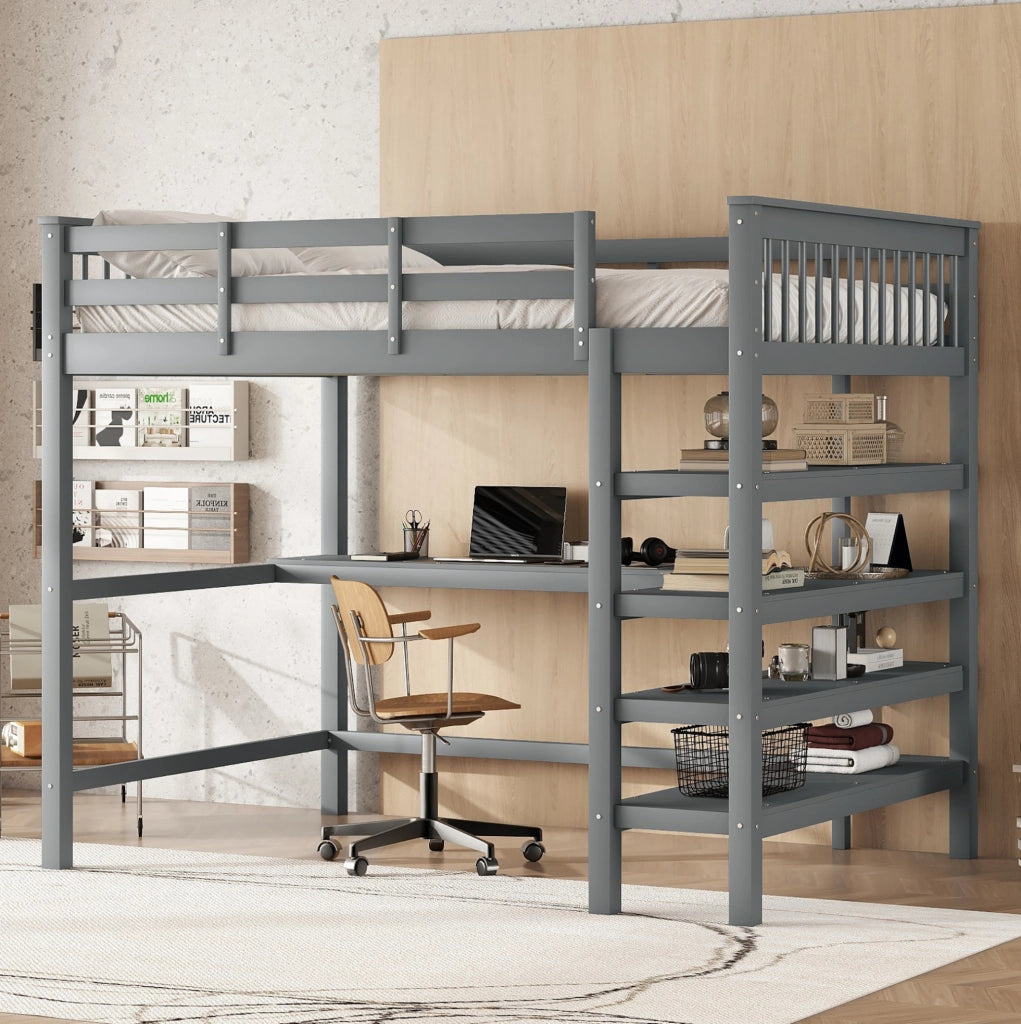 Letto a soppalco 140x200 cm con scrivania e vani portaoggetti in pino e MDF grigio