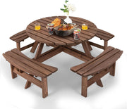 Set di Tavolo e Panche Da Esterno Rontondo in Legno, Set di Mobili da Giardino per 8 Persone con Foro per Ombrellone, Resistente alle Intemperie, 178x178x70 cm