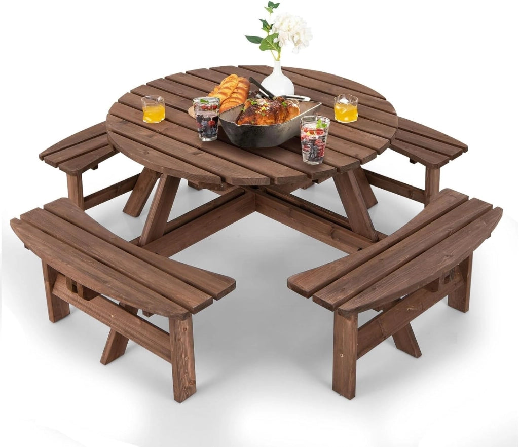 Set di Tavolo e Panche Da Esterno Rontondo in Legno, Set di Mobili da Giardino per 8 Persone con Foro per Ombrellone, Resistente alle Intemperie, 178x178x70 cm