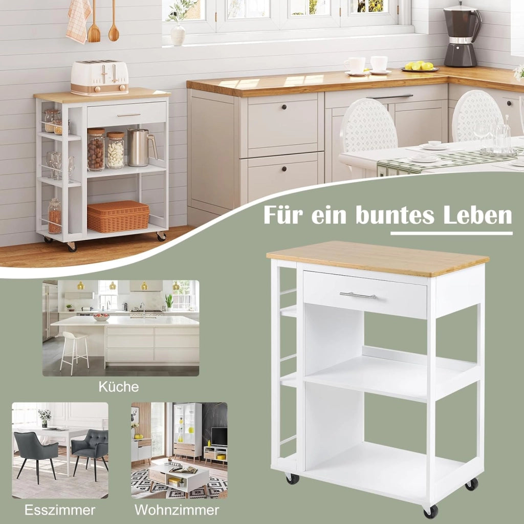 Carrello con Ruote, Isola da Cucina, Carrello Portaoggetti con Piano di Lavoro Cassetto Ripiani Aperti, Contenitore per Sala da Pranzo/Bagno/Cucina, 73x38x88 cm, Effetto Bambù + Bianco, RW051eiw