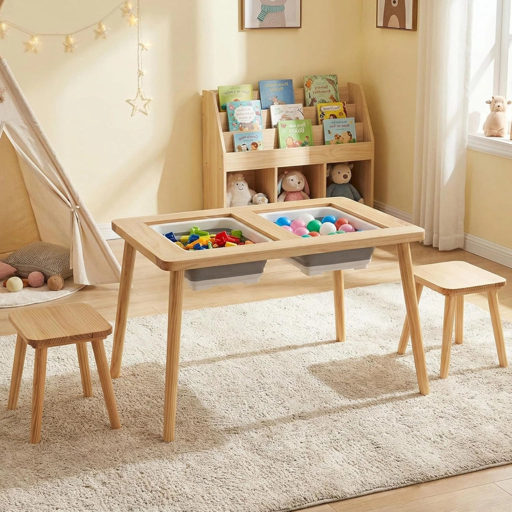 Set Tavolo con 2 Sedie per Bambini 3+ Anni, Tavolo e Sedie con Piano Doppio Lato Rimuovibile e 2 Contenitori, Gambe Robuste in Legno, Tavolo Attività per Gioco e Disegno (con Sedie Quadrate)