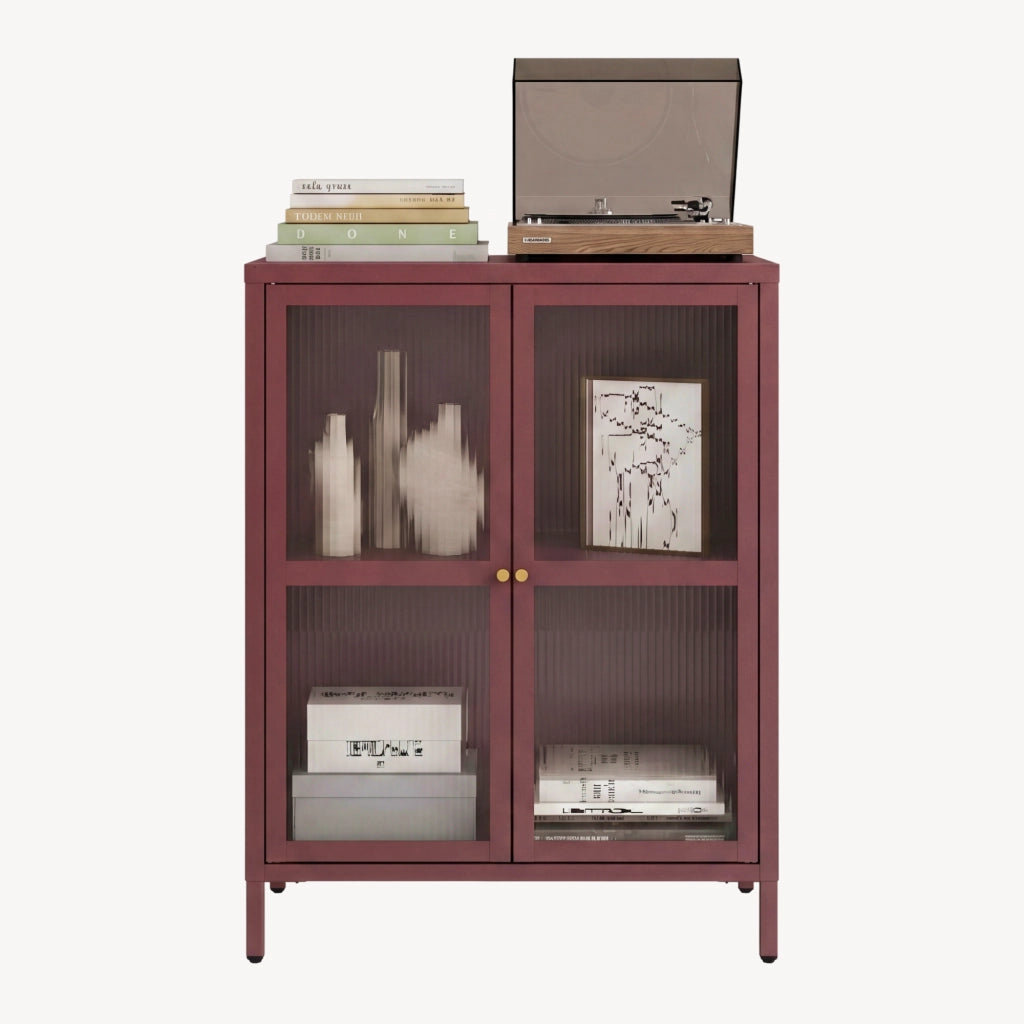 Credenza Säkylä Comò con Ante in Vetro Scanalato 84x64x35 cm Rosso Vino [en.casa]