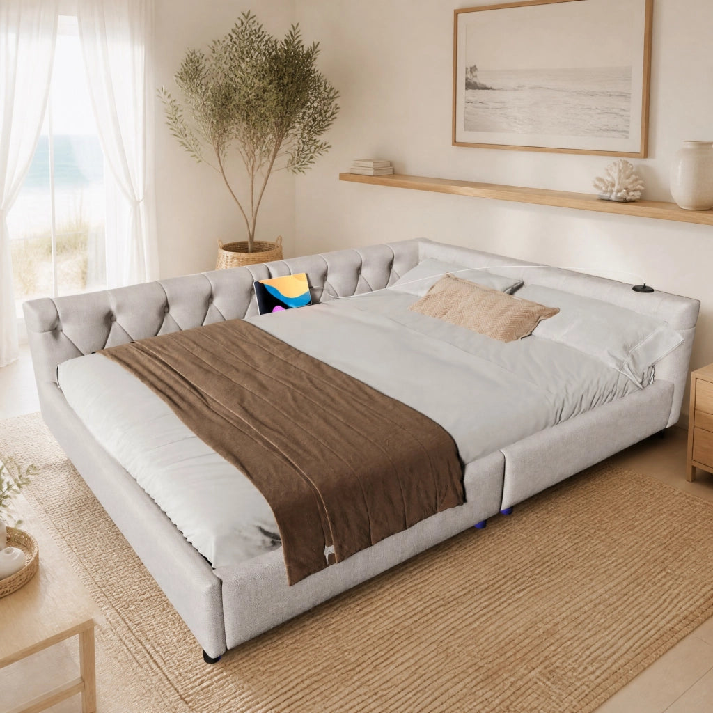 Divano letto 140x200 cm in lino beige con rete a doghe, LED RGB, USB e Type-C