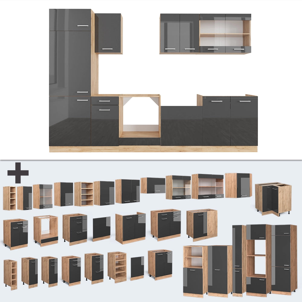 Cucina componibile R-Line Antracite lucido/Rovere dorato 300 cm, PL Antracite Vicco