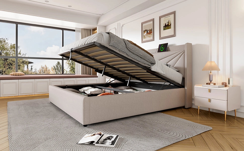 DESMIU Letto contenitore 160 × 200 cm 2 posti con USB, Type-C e spazio contenitore, senza materasso, in cotone lino beige