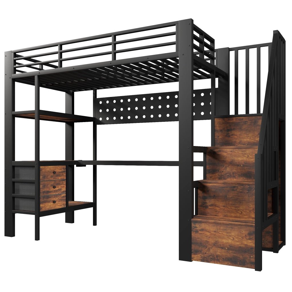 Letto a soppalco singolo 90×200 cm con 3 cassetti; ripiano; scrivania; presa e LED; senza materasso; nero