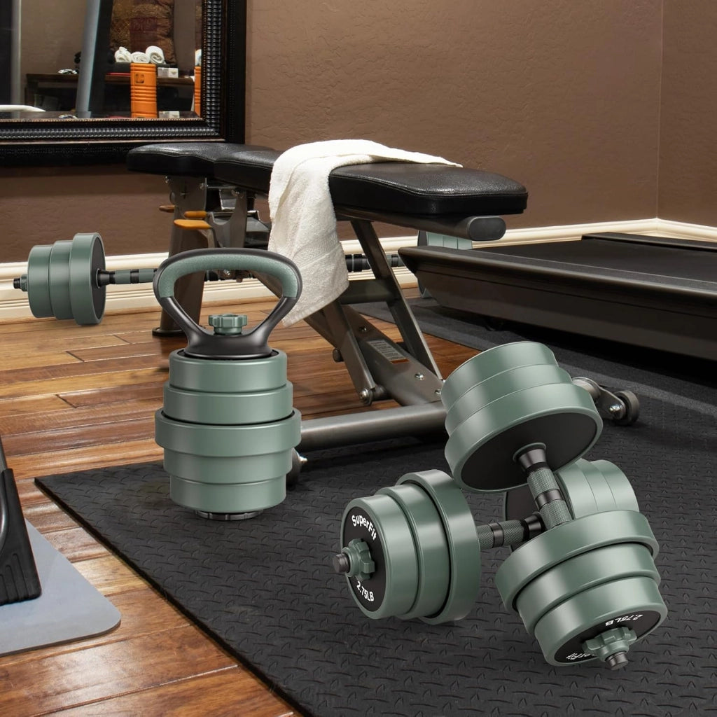 Manubri Regolabili 4 in 1, Set Pesi Palestra Casa, Include Manubri, Bilancieri, Kettlebell, Flessioni, per Ufficio, Allenamento della Forza, Fitness, per Uomini e Donne, Nero+Verde