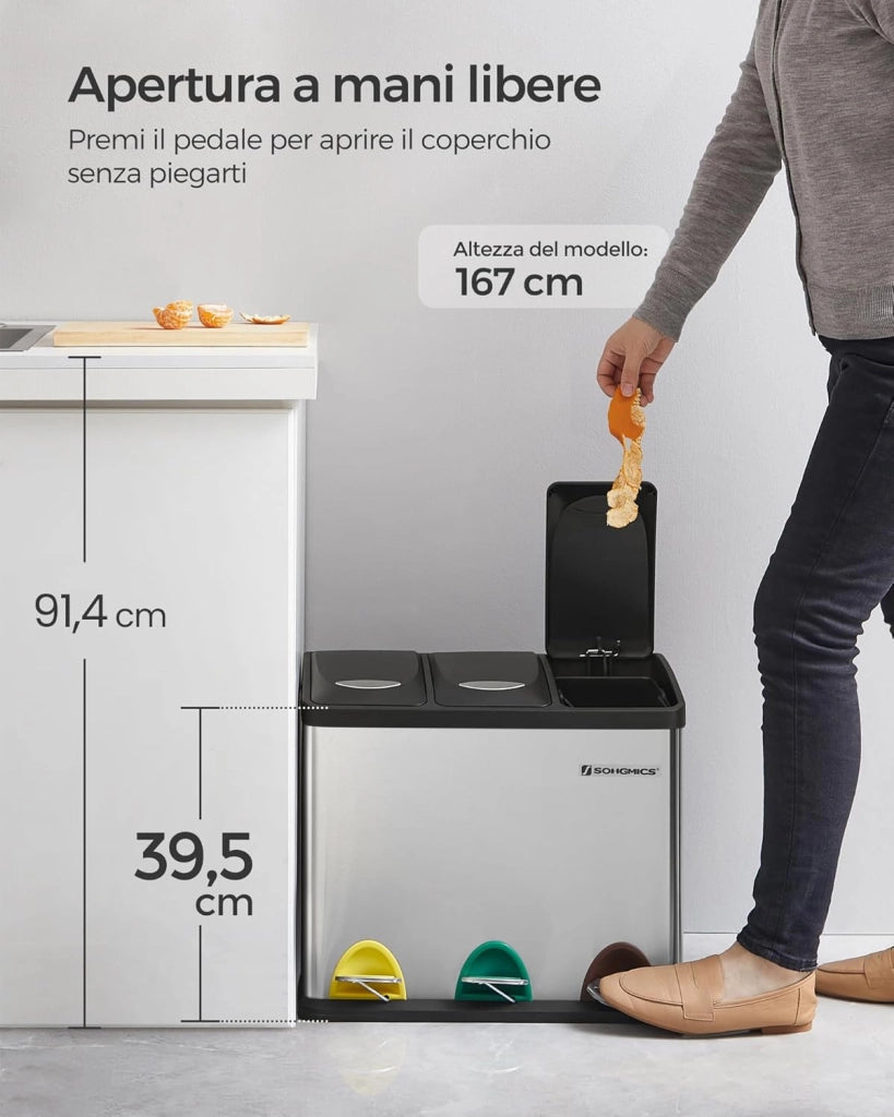 SONGMICS Cestino per Rifiuti da Cucina, 3 x 8 L Pattumiera Differenziata Piccolo Volume, Cestino Triplo in Acciaio, Pedali e Secchi Interni, Facile da Pulire, Argento e Nero LTB24L