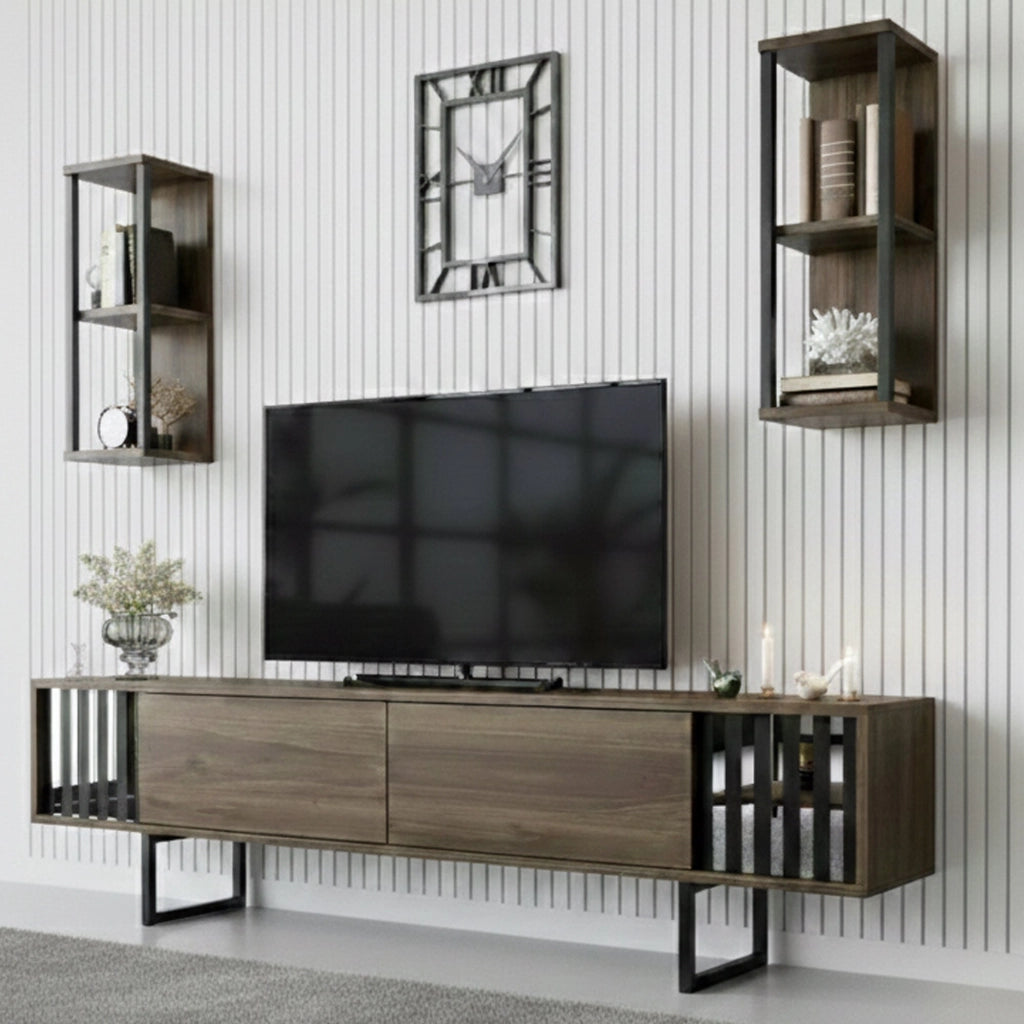 Mobile porta TV Iva, Credenza da soggiorno, Armadio basso per TV, Base parete attrezzata, 180x30h48 cm, Noce e Nero