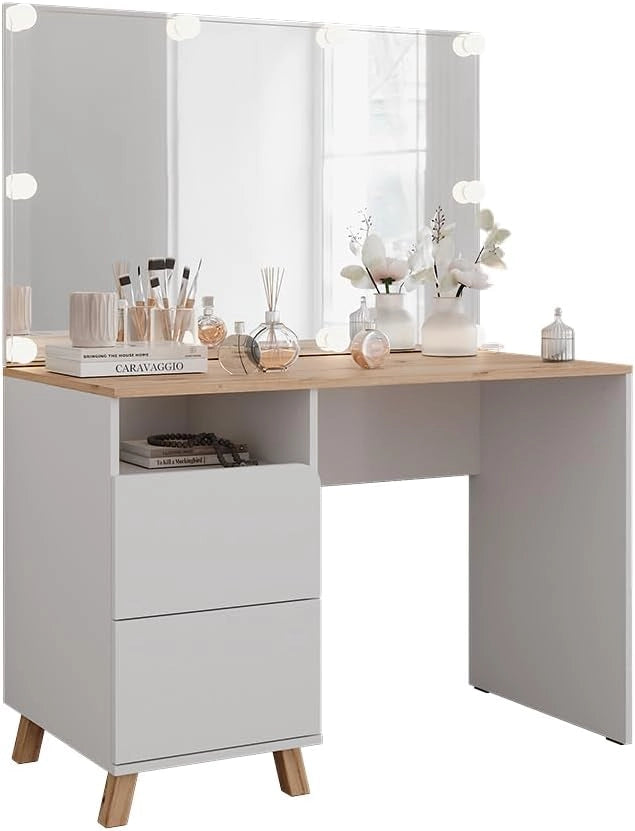 Tavolo da toeletta Karen, Bianco/Artisan, 110 cm con luci fiabesche a LED, Materiali robusti per un utilizzo duraturo