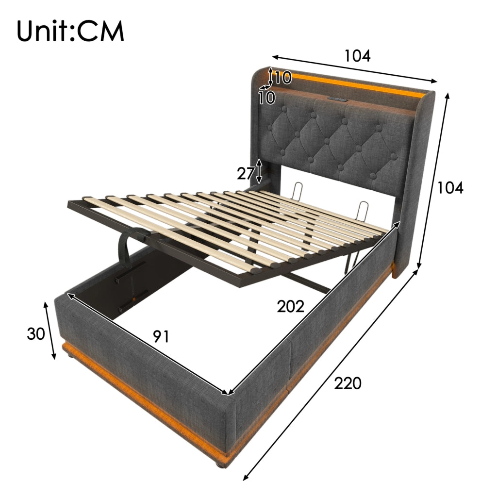 Letto singolo imbottito ULEVR 90x200 cm con contenitore idraulico, LED 360¡ã, USB e Type-C, lino grigio