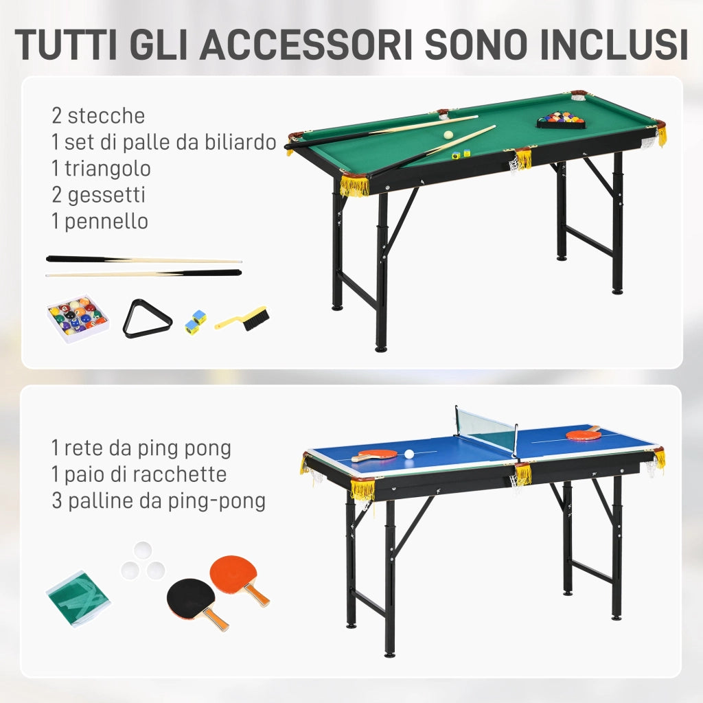 Tavolo Multi Gioco Pieghevole 2 in 1 per Biliardo e Ping Pong 140x63x60-80 cm con Accessori Inclusi