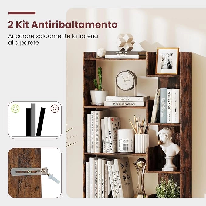 Libreria a 6 Ripiani, Scaffale Alto Salvaspazio in Legno, Libreria Moderna per Studio, Ufficio, Soggiorno e Camera da Letto, 69 x 22 x 163 cm (Marrone)