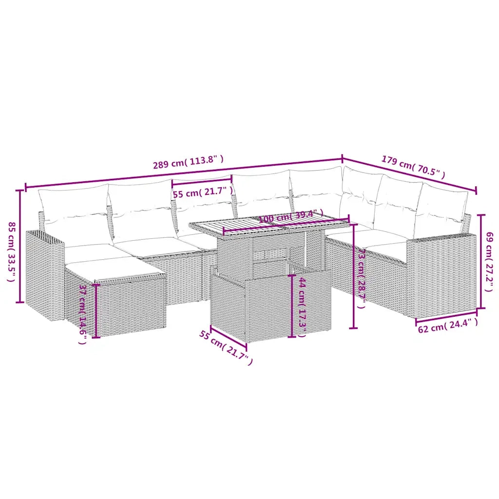 Set Divano da Giardino 9 pz con Cuscini Grigio in Polyrattan 3275629