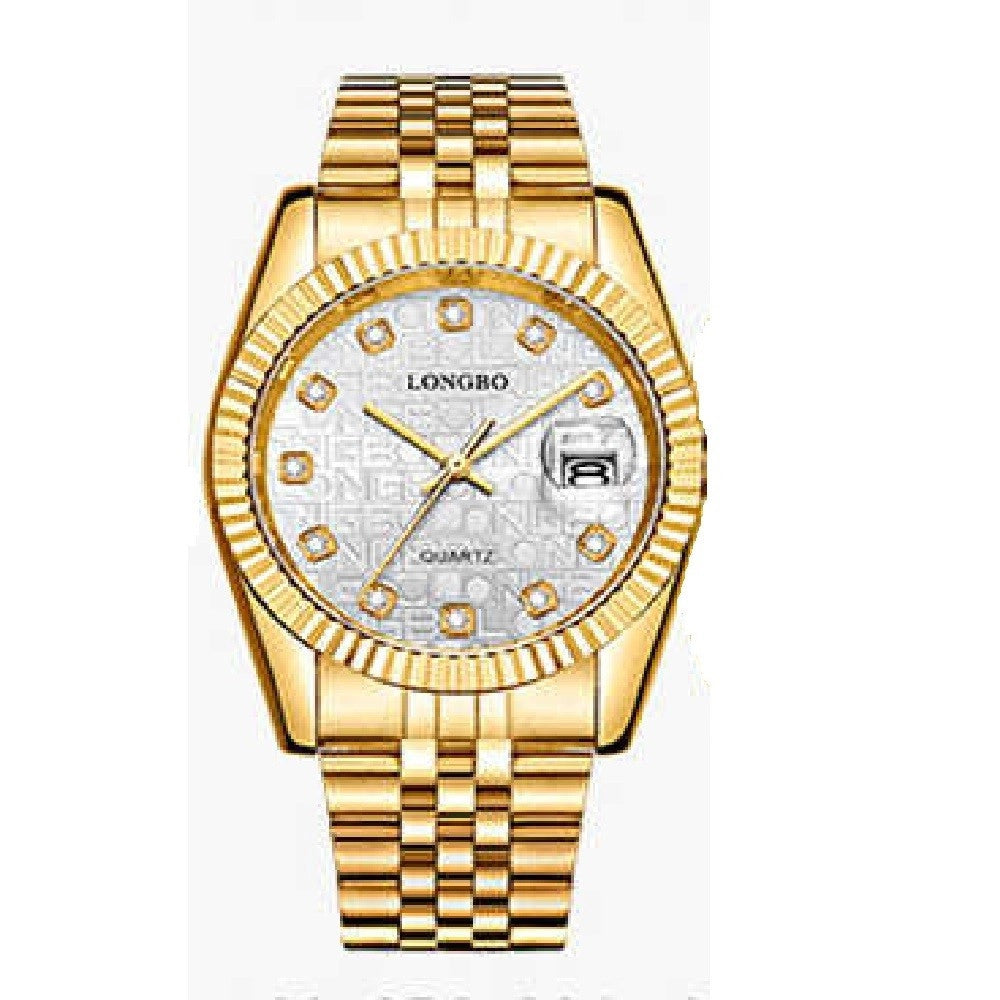 Trade Shop - Orologio Uomo Donna Longbo 80435 In Acciaio Con Strass Impermeabile Dorato Bianco -