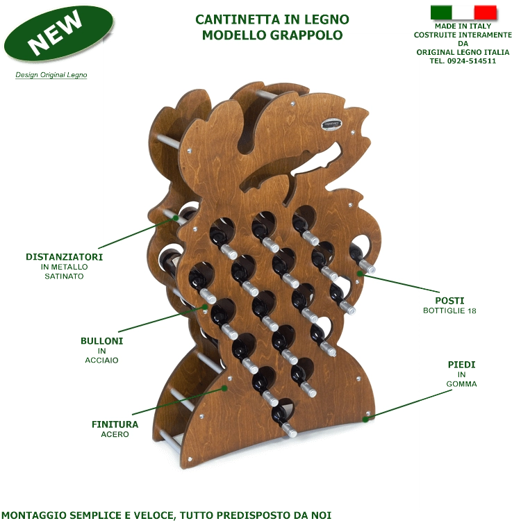 CANTINETTA IN LEGNO PORTA BOTTIGLIE VINO MODELLO GRAPPOLO 18 BOTTIGLIE FINITURA NOCE L.75 x P,25 x H.120 100% FABBRICATO IN ITALIA