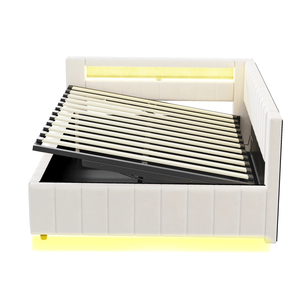 Letto imbottito 140 × 200 cm con contenitore idraulico LED USB testiera e schienale in velluto beige