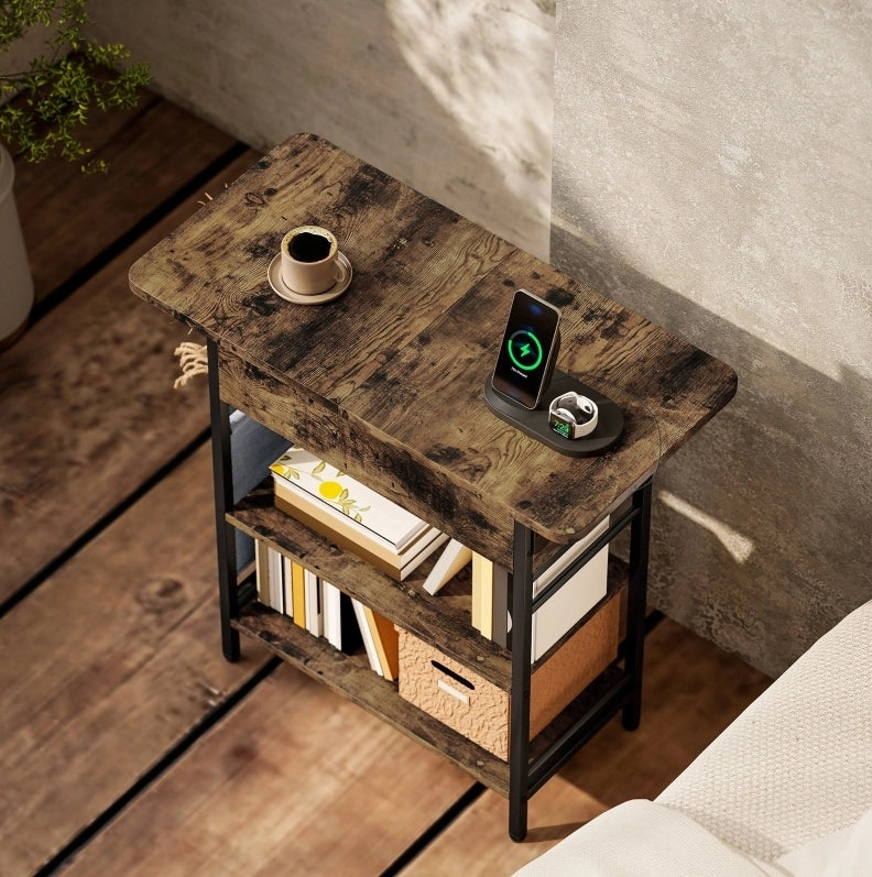 Comodino con prese elettriche, USB e vani contenitore, 60 x 29,8 x 58,5 cm